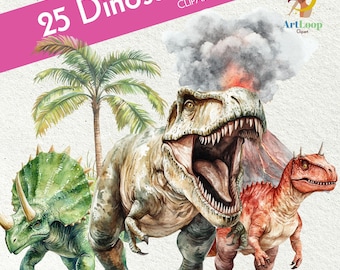 May include: Watercolor clip art set featuring 25 dinosaurs. The image includes a Tyrannosaurus Rex, Triceratops, and other dinosaurs, along with a palm tree and a volcano. The text "25 Dinosaurs CLIPARTS" is displayed on a pink diagonal banner.