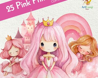 May include: Watercolor clipart of three cartoon princesses in pink dresses and golden crowns. A pink castle and rainbow are in the background. The text "25 Pink Princess CLIPART" is displayed across the top.