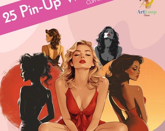 25 Pin Up Woman Clipart, Girl Boss Clipart, Woman Clip Art, Girl Clip Art Bundle, Watercolor Digital Sticker