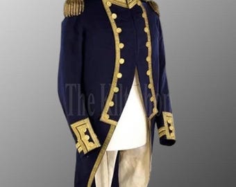 植民地時代の海賊コート - 男性用 18 世紀ネイビーブルーのフロック