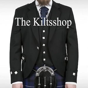 Veste kilt à losanges | Veste noire à carreaux écossais pour homme avec gilet 100 % laine sergé Kilt à carreaux de mariage en laine sergé pour homme | Veste kilt Homme