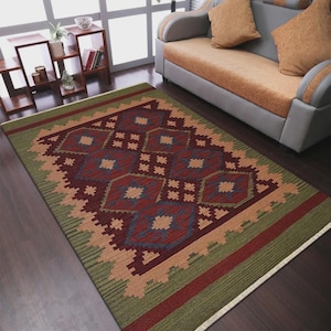 Handwoven Wool Kilim Rug: Burgundy & Olive Flatweave Carpet, 8&#39; x 10&#39;