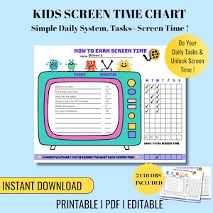 Earn Screen Time Chart - Editable Kids Screen Time Tracker - Printable Reward Checklist for Boys & Girls - Summer Routine Tracker PDF