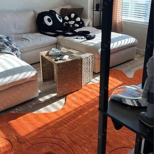 Modern Abstract Orange Wool Rug – Hand Tufted Irregular Shape Carpet, Bold Artistic Floor Accent for Living Room, Bedroom & Studio