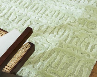 Alfombra de lana y seda tejida a mano: moderna alfombra verde con textura abstracta para dormitorio, sala de estar y oficina. Decoración de lujo hecha a mano.