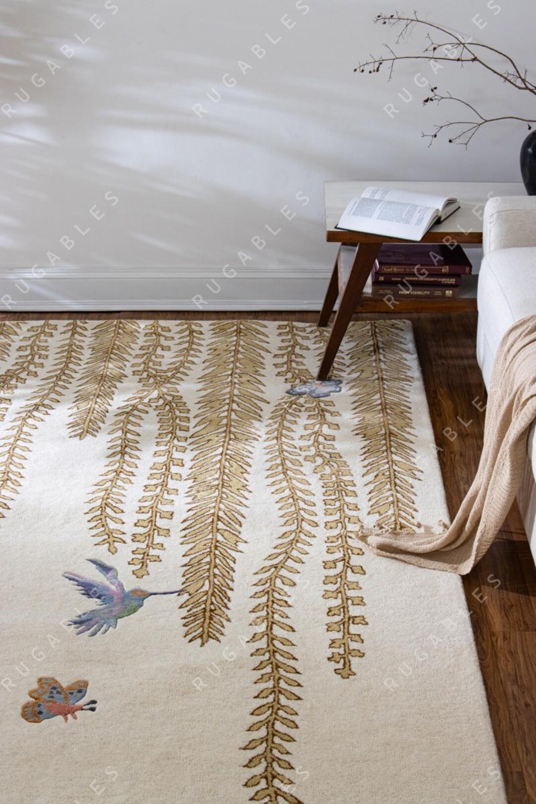 Hand Tufted Wool Viscose Rug – Ivory Botanical Area Carpet With Birds ...