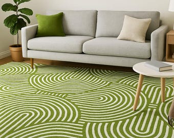 Hand Tufted Wool Arc Maze Green Rug – Modern Geometric White Area Carpet, Handmade Contemporary Statement Floor Décor for Living Spaces