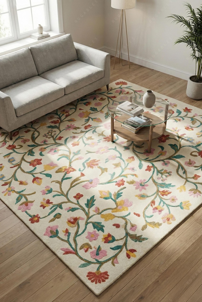 Cream Color Area Rug Hand Tufted Wool Floral Area Rug, Cream Botanical Vine Pattern ...