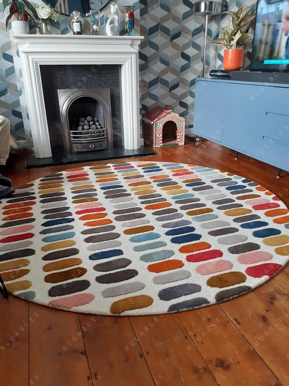 Colorful Modern Wool Rug – Handmade Geometric Oval Dot Pattern Round & Rectangular Carpet for Living Room, Dining and Bedroom