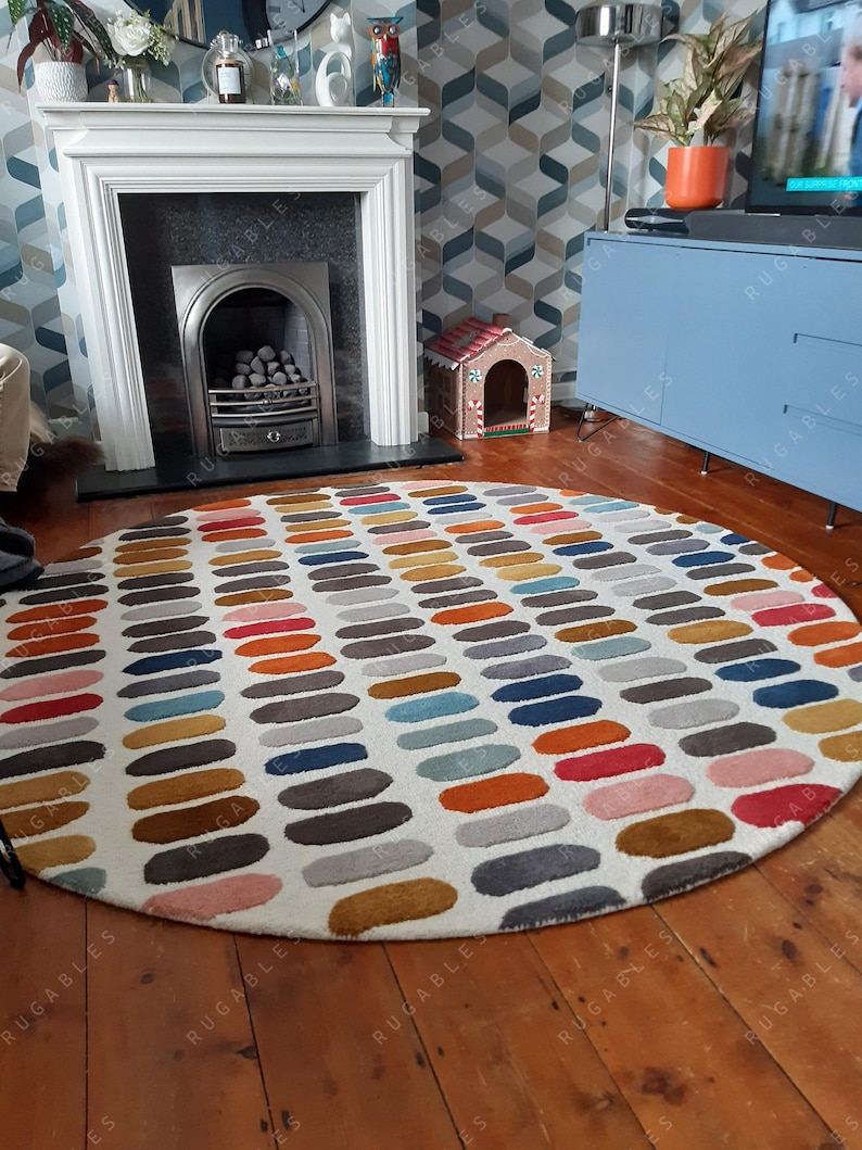 Colorful Modern Wool Rug – Handmade Geometric Oval Dot Pattern Round & Rectangular Carpet for Living Room, Dining and Bedroom image 1