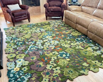 Hand Tufted Wool Floral Rug Cassia – Green Botanical Area Carpet with Sculpted Edges for Living Room, Bedroom, or Entryway Decor