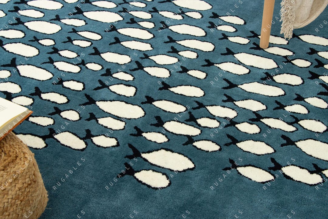 Outdoor Fish Rug Patterns Hand Tufted Wool Blue Rug – Fish Pattern Area Carpet for Coastal Decor ...