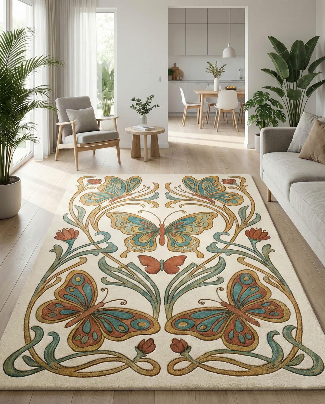 Butterfly Floral Wool Area Rug Hand Tufted Botanical Garden Design ...