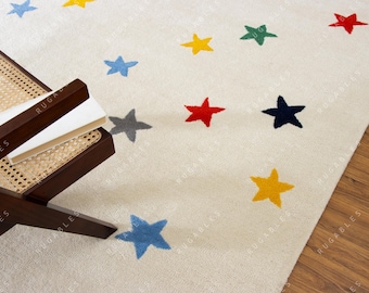 Hand Tufted Wool Kids Rug Colorful Star Pattern | Playroom Nursery Decor | Cream/Ivory Multicolor Modern Rug | Handmade Wool Carpet