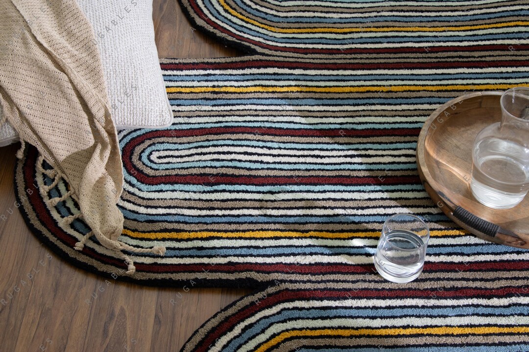 Striped Wool Rugs Hand Tufted Wool Striped Rug – Multicolor Wavy Line Design Carpet ...