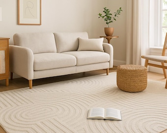 Hand Tufted Wool Arc Maze Rug – Modern Geometric Beige Area Carpet, Textured Handmade Contemporary Minimalist Style Home Décor