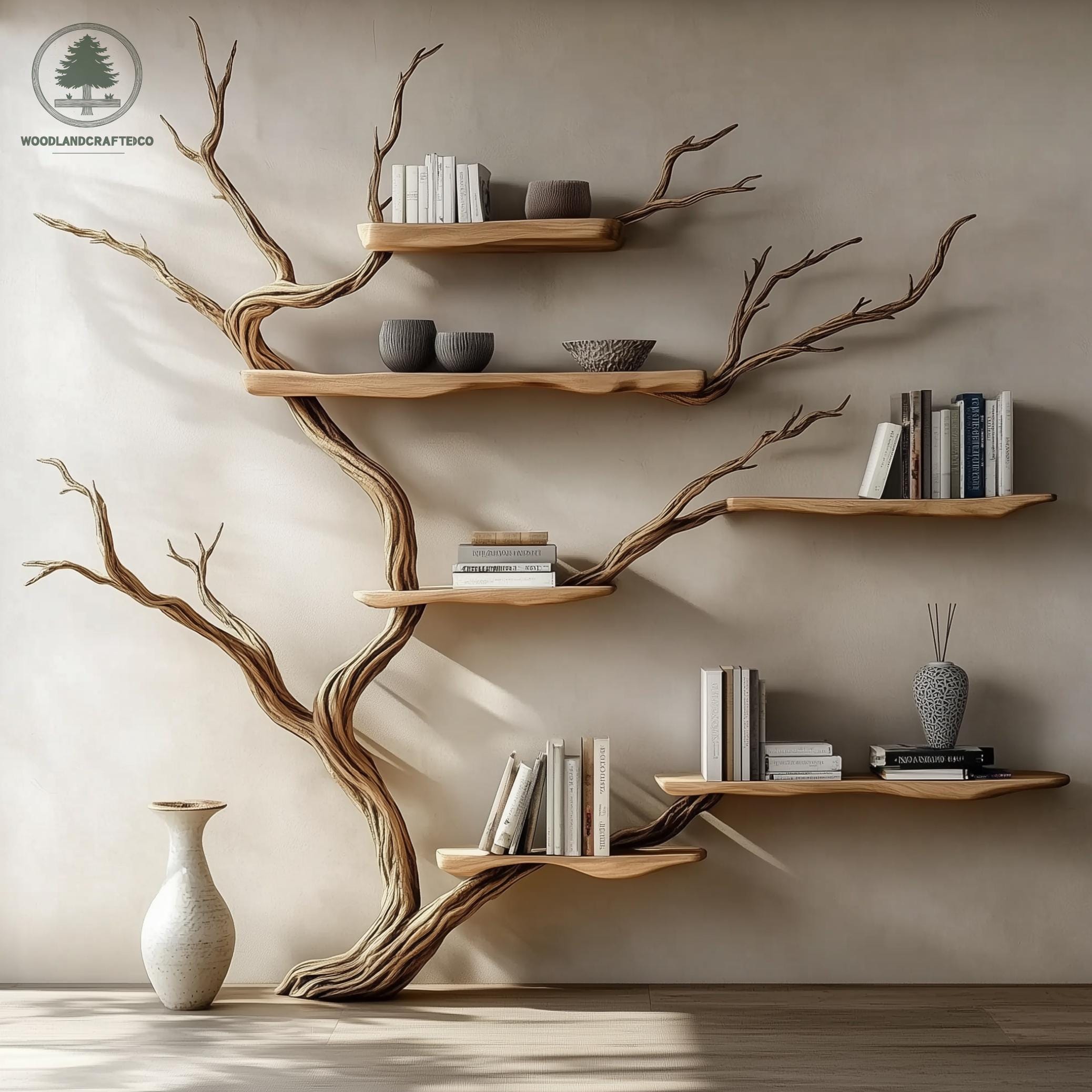 Tree Branch Floor Bookshelf – Wall-Mounted Driftwood Art Shelf In Natural Wood