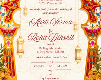May include: A wedding invitation with an ornate design in shades of red, orange, and gold. The invitation includes the names of the bride and groom, the date, time, and location of the ceremony, and the names of the parents.
