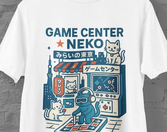 Camiseta de gato japonés – Game Center Neko, camiseta de anime para videojuegos