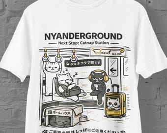 Maglietta Nyan Underground Cat – Viaggio in metropolitana alla stazione Catnap / Maglietta Kawaii Commuter Cats / Regalo per amanti dei gatti e dei viaggi