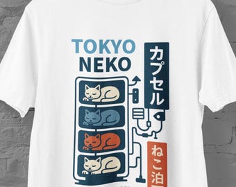 Maglietta con gatto Tokyo Neko Capsule Hotel – Maglietta per amanti dei gatti giapponesi