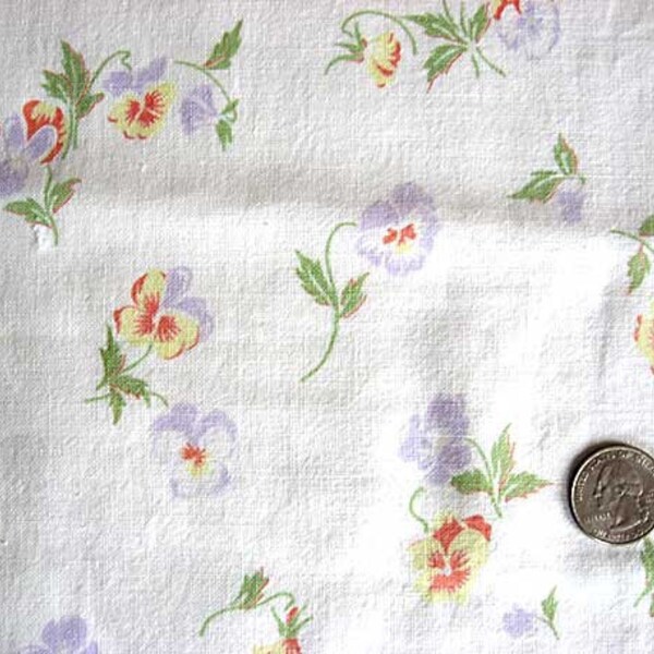 Vintage 1930's Feedsack Cotton Pale Pansy Flowers on White