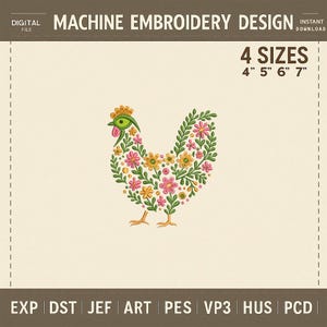 Floral Chicken Embroidery Design, Hen Made of Flowers Machine Embroidery File, Farmhouse Animal Stitch, Instant Download