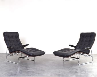 Chaise longue modello Fenix in pelle e cromo, in stile Bauhaus, di Sam Larsson per Dux, set da 2