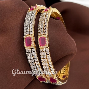 CZ Bracelet/ Statement CZ Stones Bangles, CZ Diamond jewelry, bridal Bangle/ Indian jewelry/ Ruby Golden Bangle/ Gift for Mom/ Pack of 2 pcs