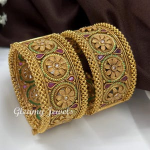 Gold Plated Openable Bangles Bracelet,  Antique Polki Bridal Bangle Kada, Indian Jewelry, Gift for her, Pack of 2 Pcs
