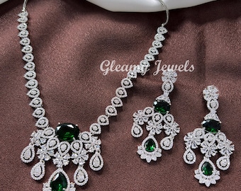 Long AD Necklace, CZ Pendant Necklace, Cubic Zirconia Long Necklace set, Statement Jewelry Set, Indian Bridal Jewelry, American Diamond Set