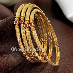 Gold Plated Churi Bangles Set of 4 pcs,  Antique Polki Bangles, Indian Wedding Bangle, Polki Jewelry