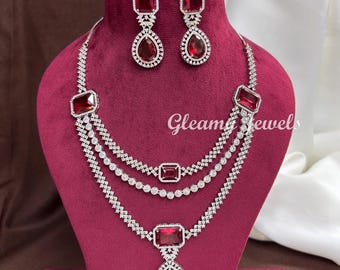 CZ Diamond Necklace Set, Indian Necklace, Bridal Necklace, American Diamond Silver Finish Necklace Set, Wedding Bridal Jewelry, Gift for her