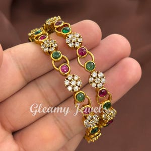 CZ Bracelet/ Statement CZ Stones Bangles, CZ Diamond jewelry, bridal Bangle/ Indian jewelry/Golden Mehndi Polish 2 pcs Bangle/ Gift for mom