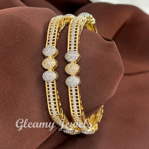 CZ Bracelet/ Statement CZ Stones Bangles, CZ Diamond jewelry, bridal Bangle/ Indian jewelry/Golden Bangle/ Gift for mom/ Pack of 2 pcs