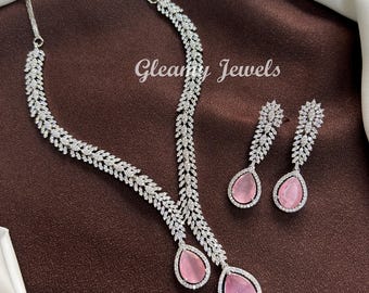 CZ Stone Pendant Necklace Set, , Indian Bridal Jewelry, Silver Finish American Diamond Pink Necklace Set Wedding Jewelry, Gift for her