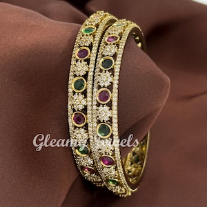 CZ Bracelet/ Statement CZ Stones Bangles, CZ Diamond jewelry, bridal Bangle/ Indian jewelry/Golden Mehndi Polish 2 pcs Bangle/ Gift for mom