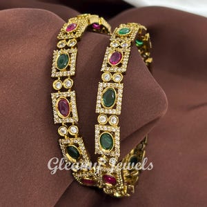 CZ Bracelet/ Statement CZ Stones Bangles, CZ Diamond jewelry, bridal Bangle/ Indian jewelry/Golden Mehndi Polish 2 pcs Bangle/ Gift for mom