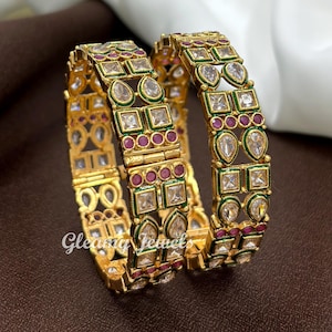 Gold Plated Bangles Set, Ruby Stone Bangle, Indian Wedding jewelry, Pack of 2 pcs