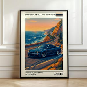 Nissan Skyline R34 GTR Car Poster | Retro Pixel Art JDM Print | Coastal Drift Car Wall Art | Vintage Racing Decor | Gift for Car Enthusiast