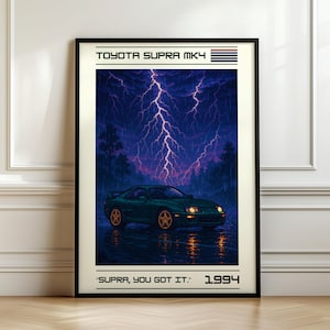 Toyota Supra MK4 Pixel Art Poster | 1994 Retro 64-Bit JDM Car Print | Stormy Night Scene | Japanese Racing Wall Art Gift