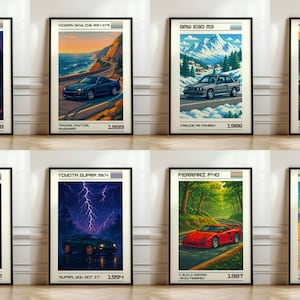 8 Car Poster Pixel Art Bundle | Retro 64-Bit Car Wall Art Set | JDM, Supercar, Classic & Muscle Car Prints | Digital Download Pack