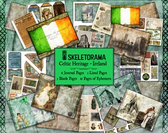 May include: A digital collage kit featuring images of Irish landmarks, symbols, and text. The kit includes 6 journal pages, 3 lined pages, 3 blank pages, and 1 page of ephemera. The text on the collage reads "SKELETORAMA Celtic Heritage - Ireland".