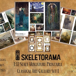 Puede incluir: Un conjunto imprimible de galería de arte clásico en miniatura con 12 marcos y 35 pinturas. El marco más grande mide 19,7 cm x 9,5 cm, el más pequeño 3,5 cm x 2,9 cm. El texto "SKELETORAMA" es visible.