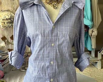 Reworked MEDIUM Blue Blouse Upcycled Ruffle Collar Dress Shirt Coastal Game Day Top Preppy Slow Fashion