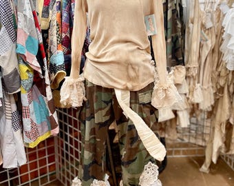 Vintage Wash Natural Dyed Vintage Lace Ruffle Cuff Thermal Top  Cozy BohoInspired Layered Shirt