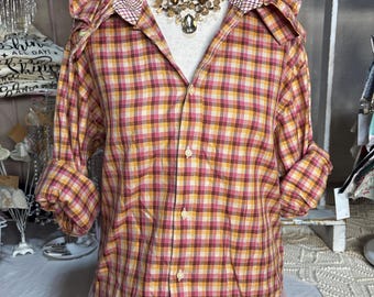 Reworked SMALL Pink Orange Rust and Tan TaylorByrd Blouse Upcycled Ruffle Collar Dress Shirt Coastal Dark Academia Top Preppy