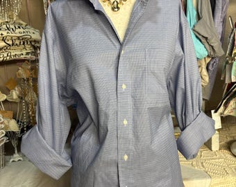 Reworked MEDIUM Royal Blue Blouse Upcycled Ruffle Collar Dress Shirt Coastal Game Day Top Preppy Slow Fashion
