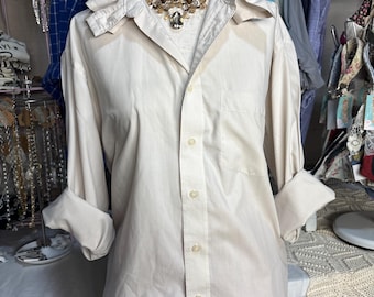Reworked MEDIUM Tan Toffee Blouse Upcycled Ruffle Collar Dress Shirt Coastal Game Day Top Preppy Slow Fashion