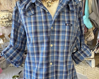 Reworked MEDIUM Blue Plaid Chaps by Ralph Lauren Blouse Upcycled Ruffle Collar Dress Shirt Coastal Game Day Top Preppy Slow Fashion